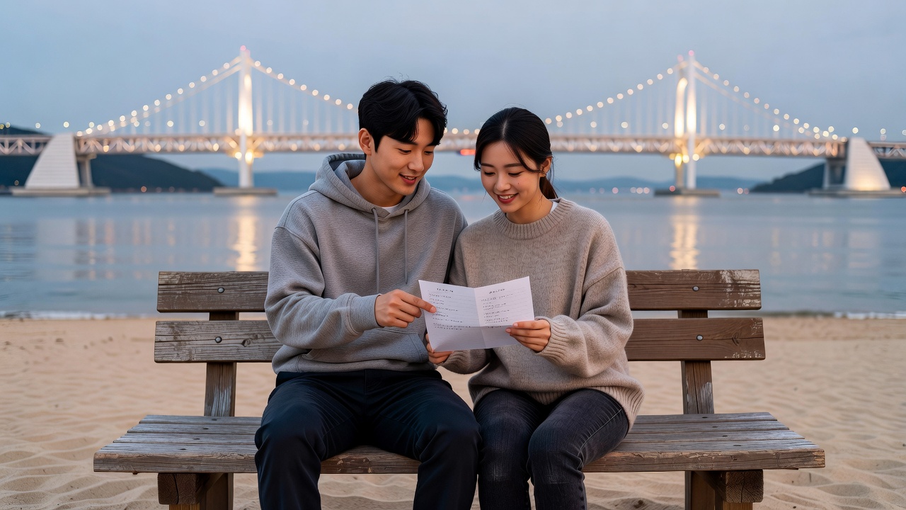 부산 광안리 코스 일정을 확인하는 커플