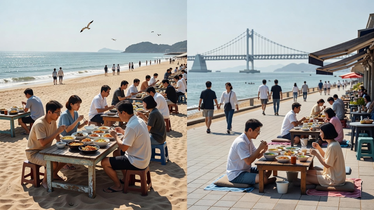 부산 지역별 맛집 코스 비교를 위한 해운대 광안리 데이트 장면